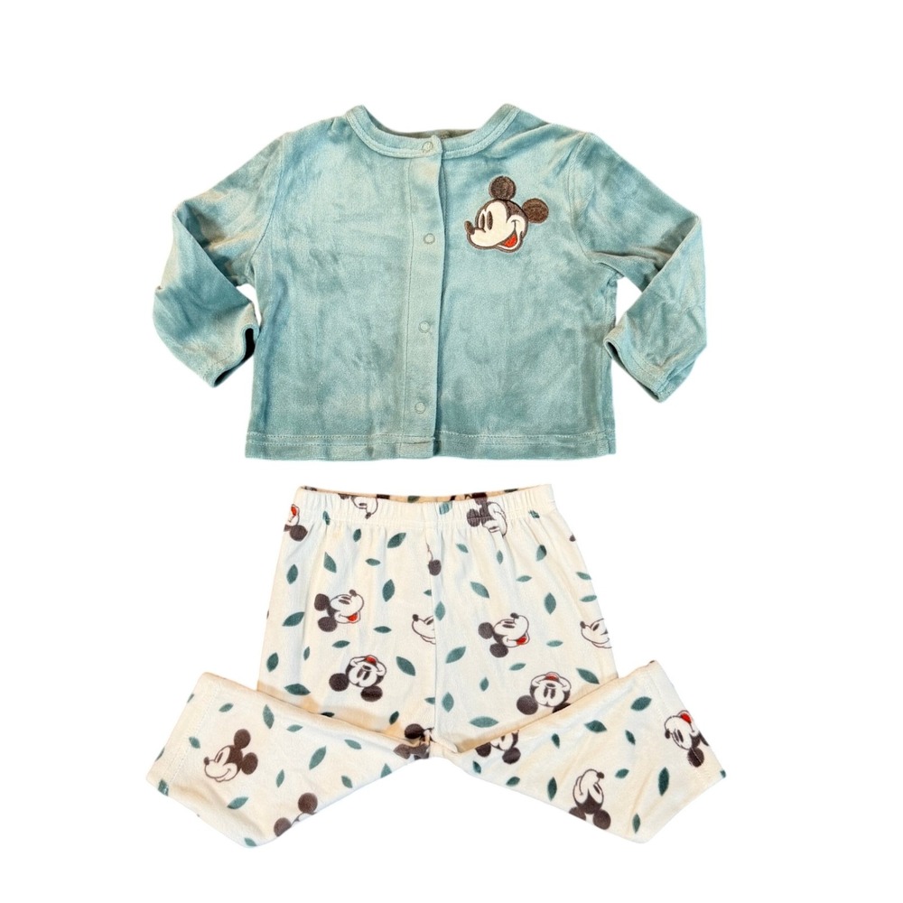 Disney Baby Mickey Mouse Outfit Set 3-6M 2 Piece Snap Top Pants Green Cream